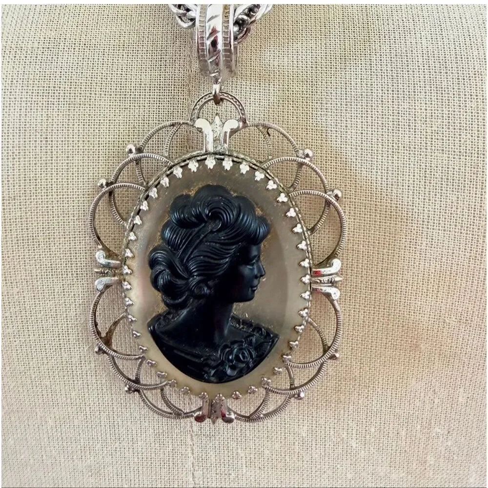 Vintage Black Cameo Pendant Necklace on Whiting & Davis Chain